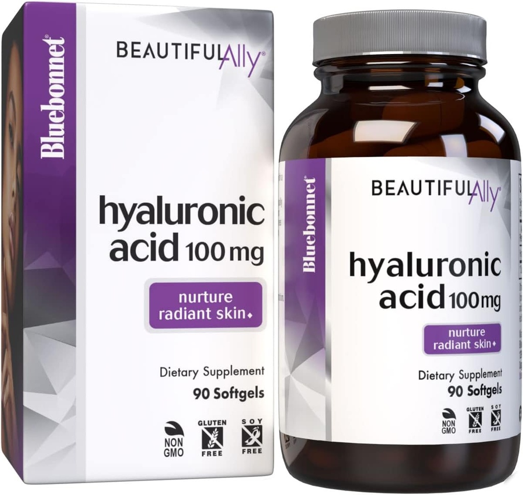 Bluebonnet mityba Gražus Ally Hyaluronic Acid 100mg, Slaugytoja Radiant Skin *, Non- GMO, nemokamai, sojos nemokamai, 90 Softgels, 90 Paslaugos