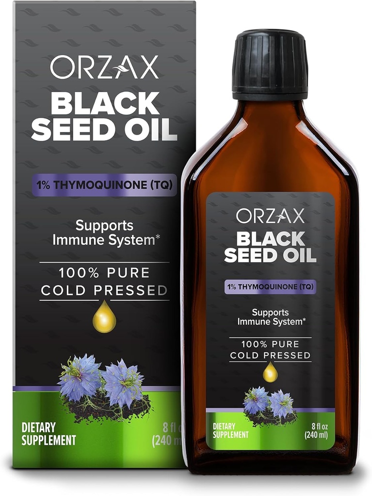 ORZAX Black Seed Oil Liquid (8 fl oz) - Cold Pure 100% Pure 124; Vegan, Gluten Free, Non- GMO Ş124; 5000mg Black Cumin (Nigella Sativa) Oil with 50 mg Thymoquinone ® 124; Rich in Omega 3- 6- 9 Bendrijoje 124; Stiklinis butelis