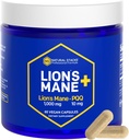 Organinių Lions Mane Addition Capsules - 1000mg Lions Mane Mushroom with 10mg PQQ - smegenų ląstelių optimizatorius atminčiai, mokymuisi, mitochondrijų funkcijai - 60 vaisių kūno grybų kapsulės