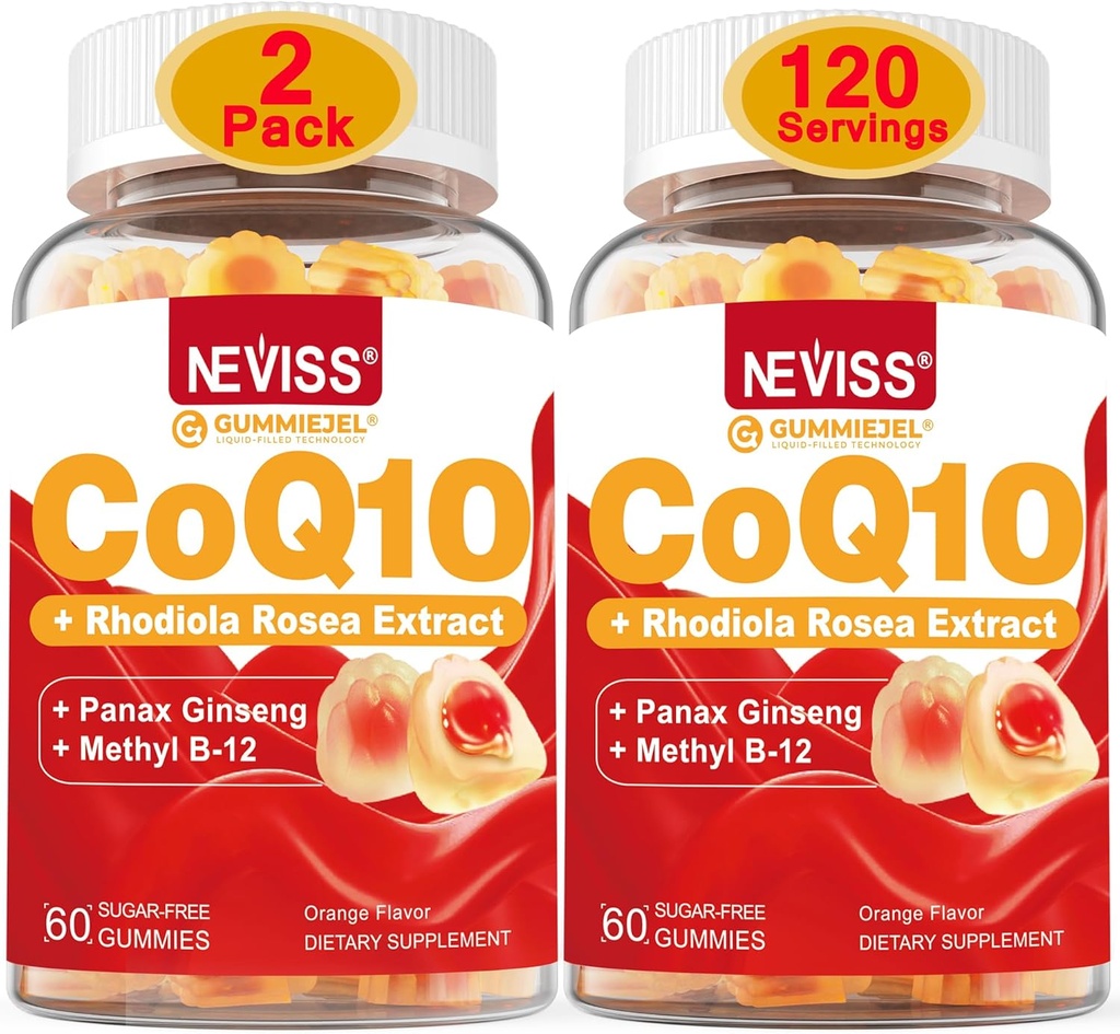 NEVISS Cukraus Free CoQ10 Užpildyti guminiai su vitamino B12 1000µg, Rhodiola Rosea ir Panax Ginseng ekstraktas, Vitaminas B6, Coenzis Q10 Priedas, 2 Pack