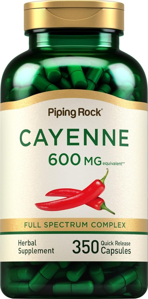 Piping Rock Cayenne Pepper Capsules maždaug 124; 600mg Ş124; 350 Grafas ® 124; Koncentruotas ekstrakto papildas ® 124; ne GMO, Gluten Free