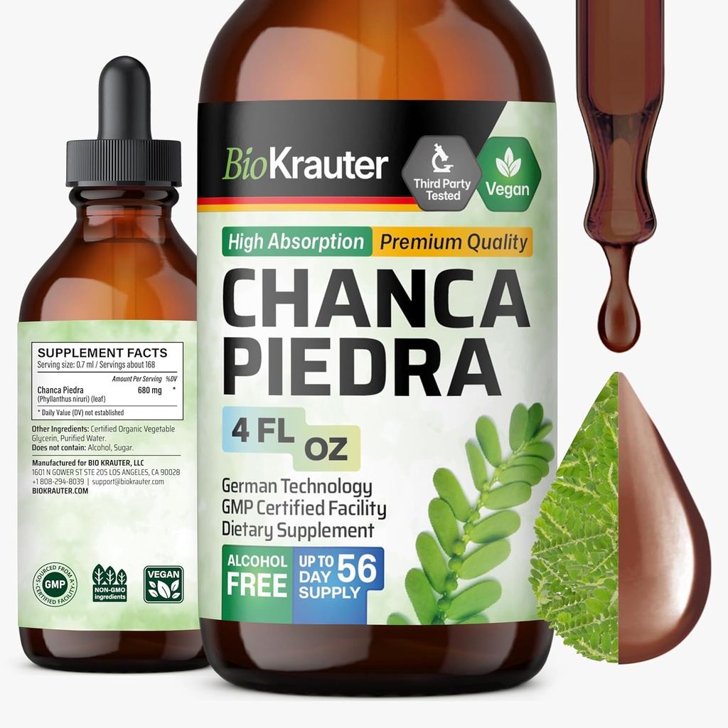 BIO KRAUTER Chanca Piedra Tincture - Natūrali inkstų sveikatingumo parama skysti - Chanca Piedra Stone Breaker & Tull Cleanse Formulės - Vegan, Alkoholio & Cukraus nemokamai lašai - 4 oz