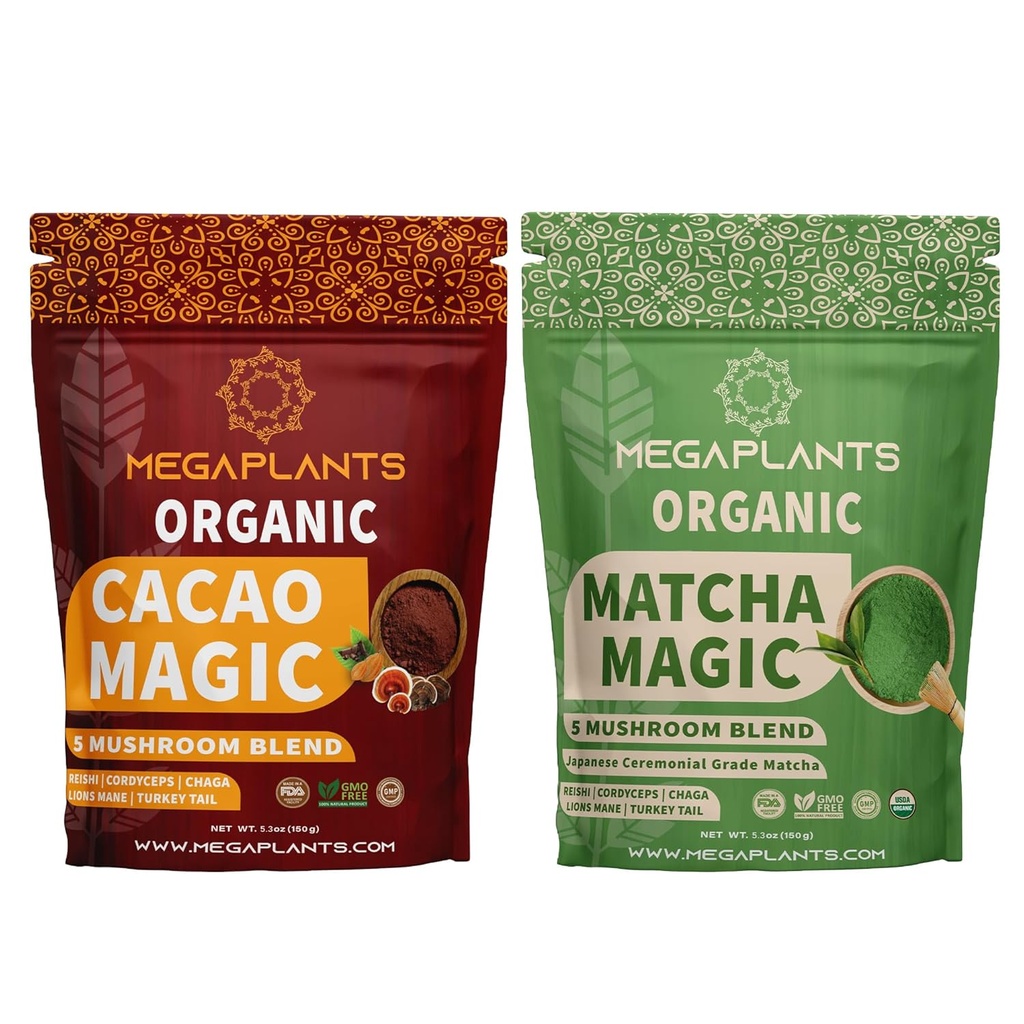 MegaPlants Cacao Magic & Matcha Magic (50 Servings) | Superfood 5 Mushroom Powder Blend for Focus, Clarity & Energy | USDA Organic