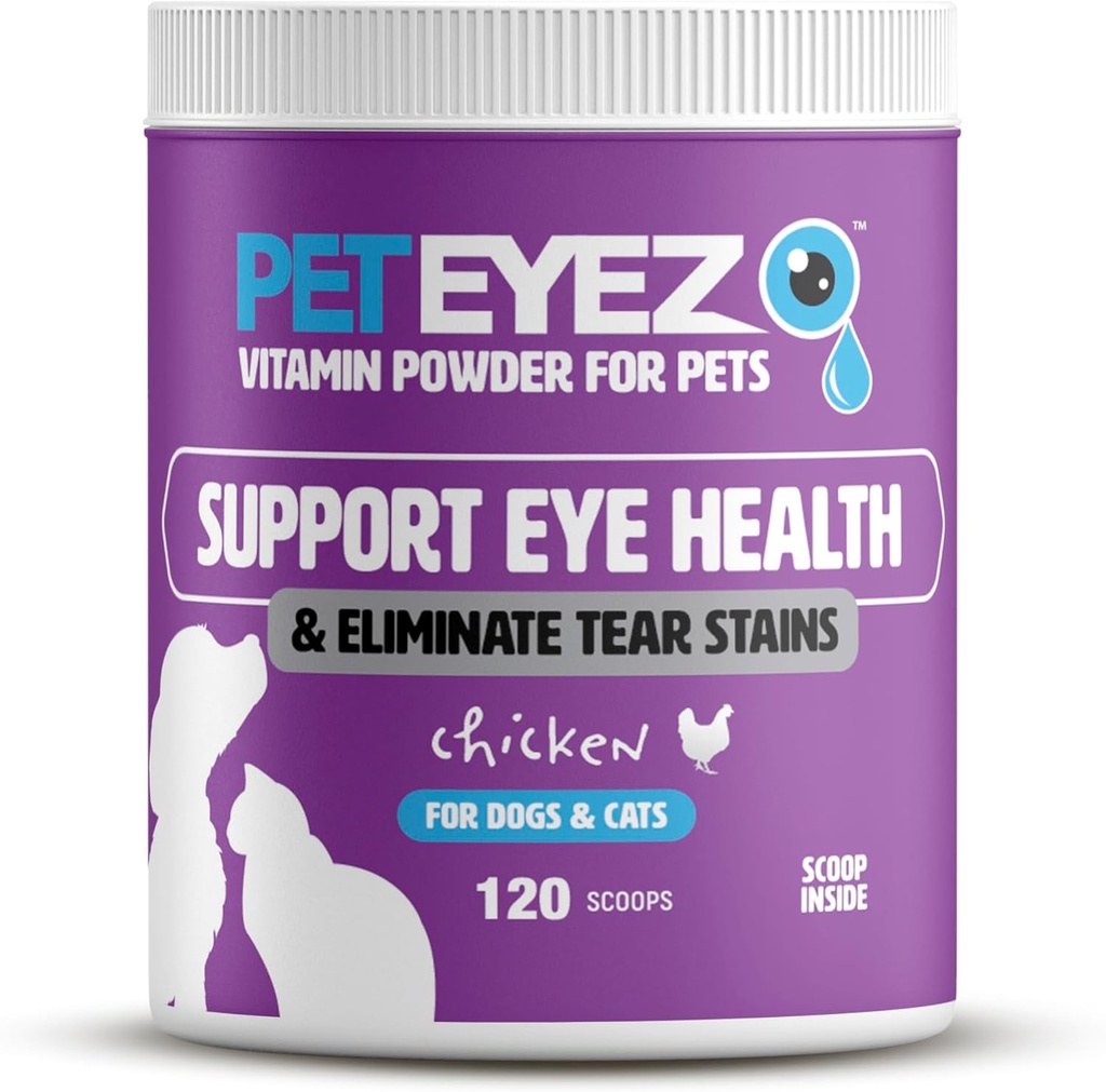 Pet Eyez Vitaminas milteliai gyvūnams - Palaiko Eye Health & Redues Tear Sain Buildup - 100% Natūralus maistas Topper šunims ir katėms su maisto produktais, Antioksidantai ir maisto produktai - vištienos skonio - 120 Skops
