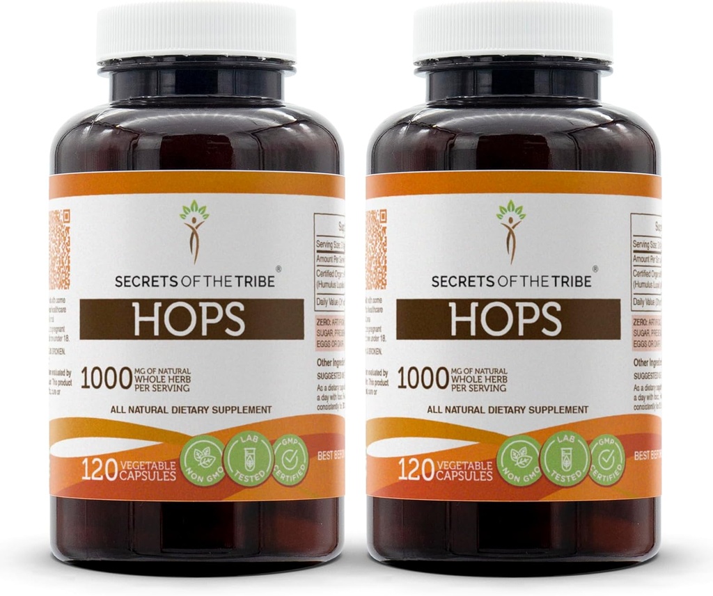 Secrets of the Tribe Hops 120 Capsules(2 pcs.), 1000 mg, Hops (Humulus Lupulus) Dried Flower (2x120 Capsules)