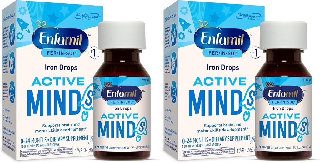 Enfamil Fer-in-Sol Iron Supplement Drops for Infants & Toddlers, Supports Brain Development, 50 mL Dropper Bottle (Pack of 2)