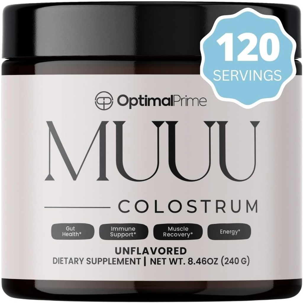 Optimalus Prime-MUUU galvijų kapotos papildas ir supermaisto milteliai Gut Health, Bloating, Imuninė parama, Plaukų, odos, ir nagų neskonio, 120 Paslaugos