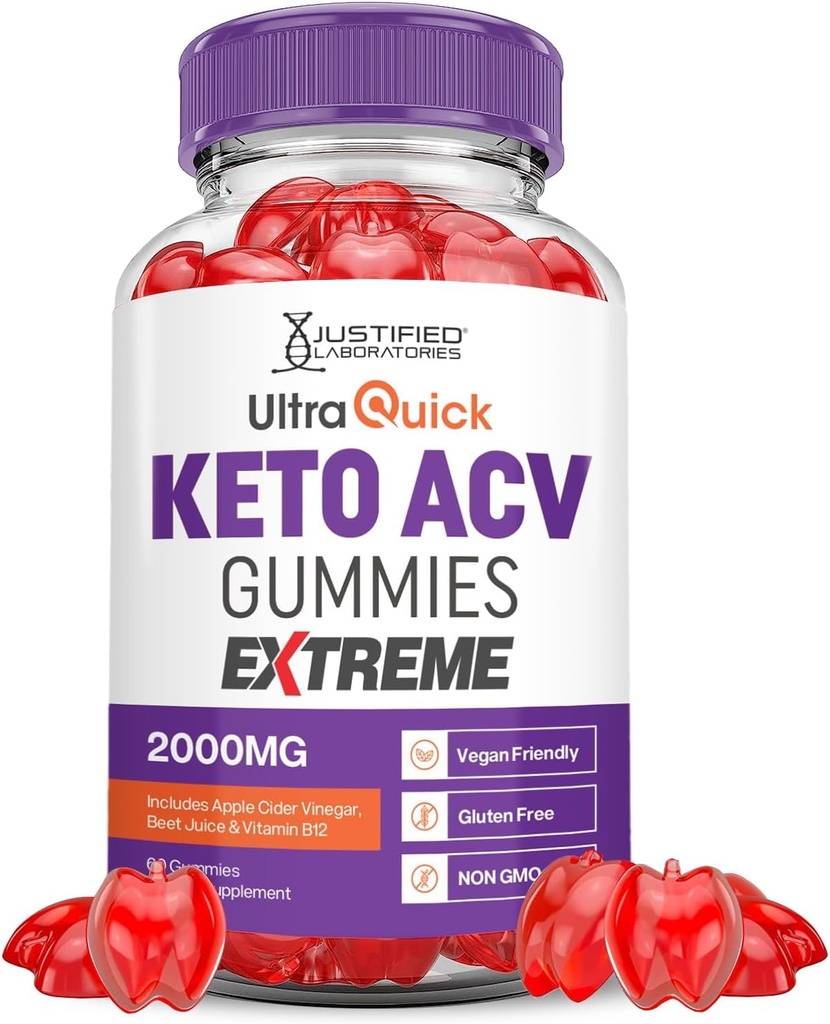 Justified Laboratories Ultra Quick Keto ACV Gummies Extreme 2000MG Ultraquick Keto Gummies Apple Cider Vinegar Formulated with Pomegranate Beet Juice Powder B12 Vegan Non GMO 60 Gummys