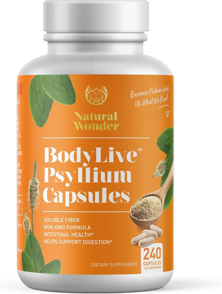 BodyLive Pyllium Husk Pluošto kapsulė Non- GMO 725 mg, 240 kapsulių (1450 mg / porcijai, 120 Tarnybų) Colon Cleanse priedas, Reguliarumas, sveikas virškinimas, prebiotikas, laksatyvas, širdies sveikata