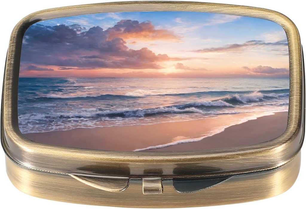 Dynippy Pill Case Pill Box with Mirror Retro Pocket 2 Compartment Medicine Case Vitamin Pill Organizer for Pocket Purse and Travel (Retro- Beach Sunset)