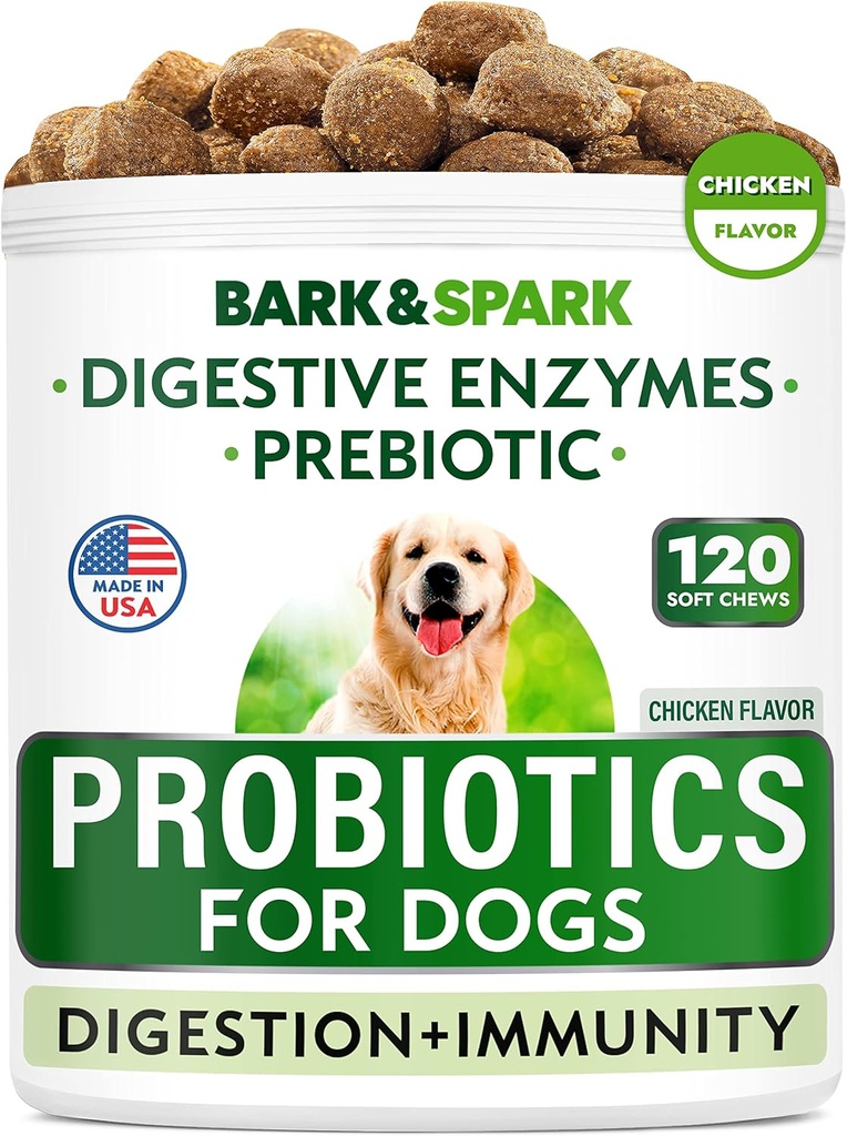BARK & SPARK šuo Probiotiniai Chews - Dujos, Diarrėja, Alergija - Fermentai + Prebiotikai - Chewable Fiber - Digestion, Imunitetas - JAV Pagaminta - 90 Ct - Vištienos