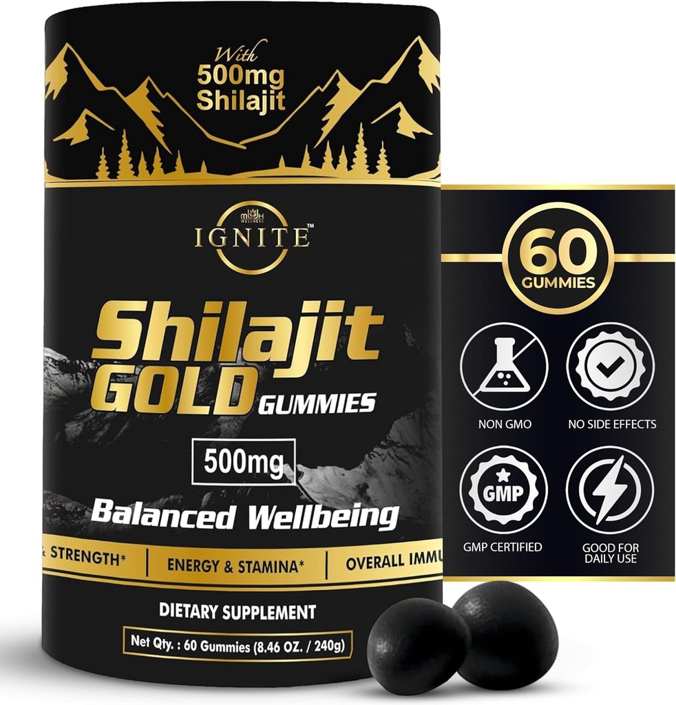 Pure Himalayan Shilajit Gummies - 75% + Fulvic Acid, High Postance Gold Quality - Sumaišymas už energiją, gyvybingumą ir imuninę paramą, kelionės - Draugiškas, Tamarind Sfeor - 60 Gummies