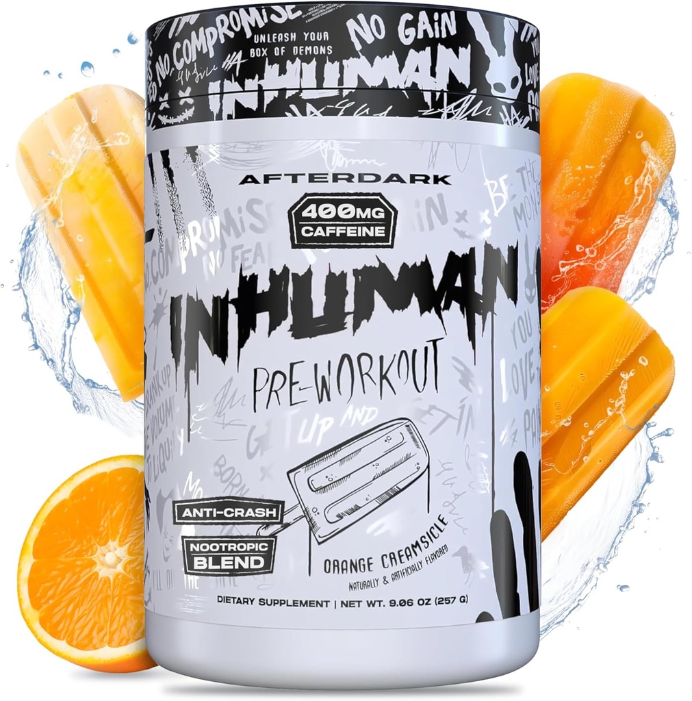 AFTERDARK INHUMAN Pre- Workout Milteliai, Sustiprintas Mind- Raumenų jungtis, Ilgalaikis energijos, Stiprus Nootropinis mišinys, Vegan, Be gluteno, Soy- Free, 400 mg Kofeinas, No Crash, Orange Creamsicle