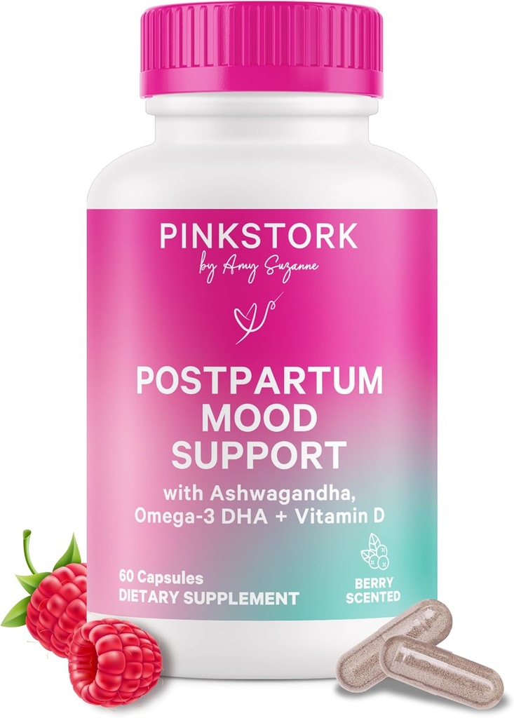 Pink Stork Postpartum Mood Support - Postnatalinis Hormonų balansas moterims - Žindymas draugiškai - Stresas ir kognityvinė parama, Naujoji mama pagrindai - Ashwagandha, Chamomile, & Vitaminas D, 60 Capsules