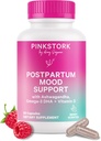 Pink Stork Postpartum Mood Support - Postnatalinis Hormonų balansas moterims - Žindymas draugiškai - Stresas ir kognityvinė parama, Naujoji mama pagrindai - Ashwagandha, Chamomile, & Vitaminas D, 60 Capsules