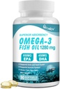 Omega 3 Žuvų taukų papildai, Trigubas stiprumas Omega 3 Mitybos papildas 650mg EPA 450mg DHA per Serving - Smegenų, akių, širdies ir imuninės sveikatos parama - 90 Softgels (45 Serv)