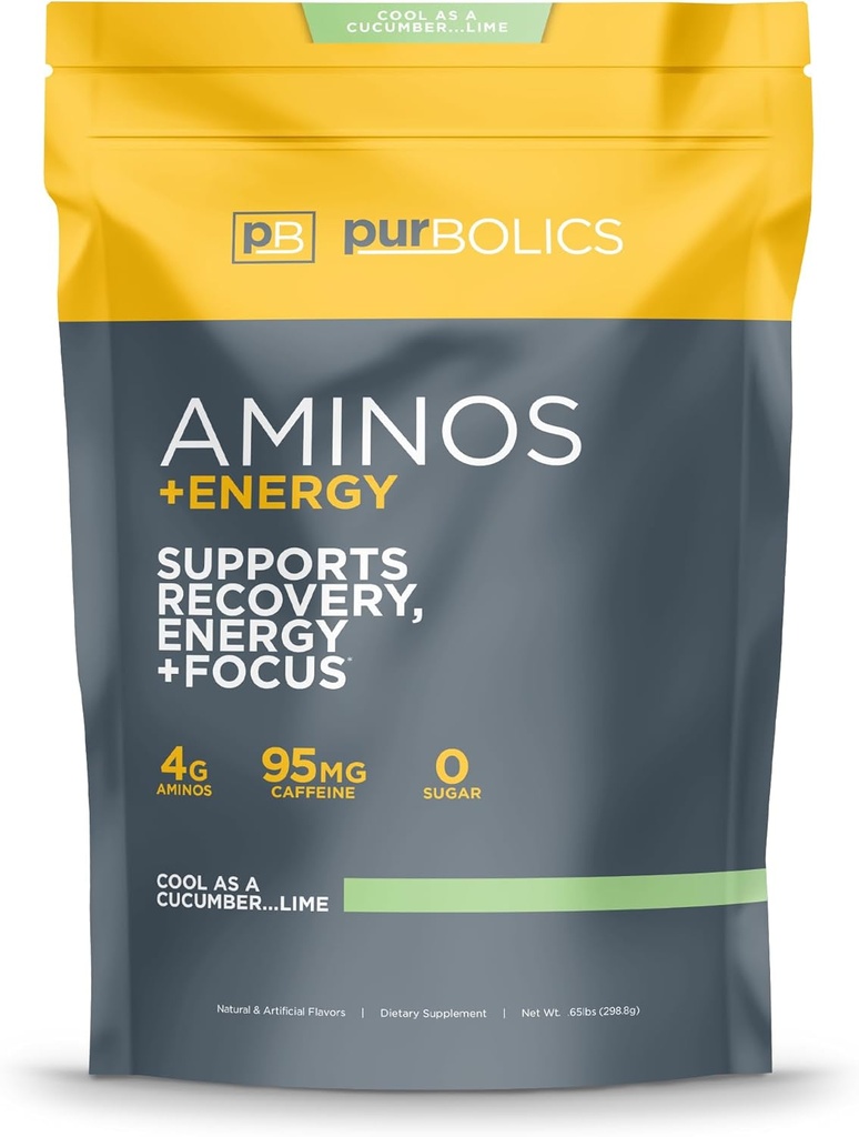 Purbolics Aminos + energija124; Palaiko atkūrimą, Energija & Focus 124; 95mg kofeino, 0 Cukrus & 60 Paslaugos (Cool As Cougber... kalkių)