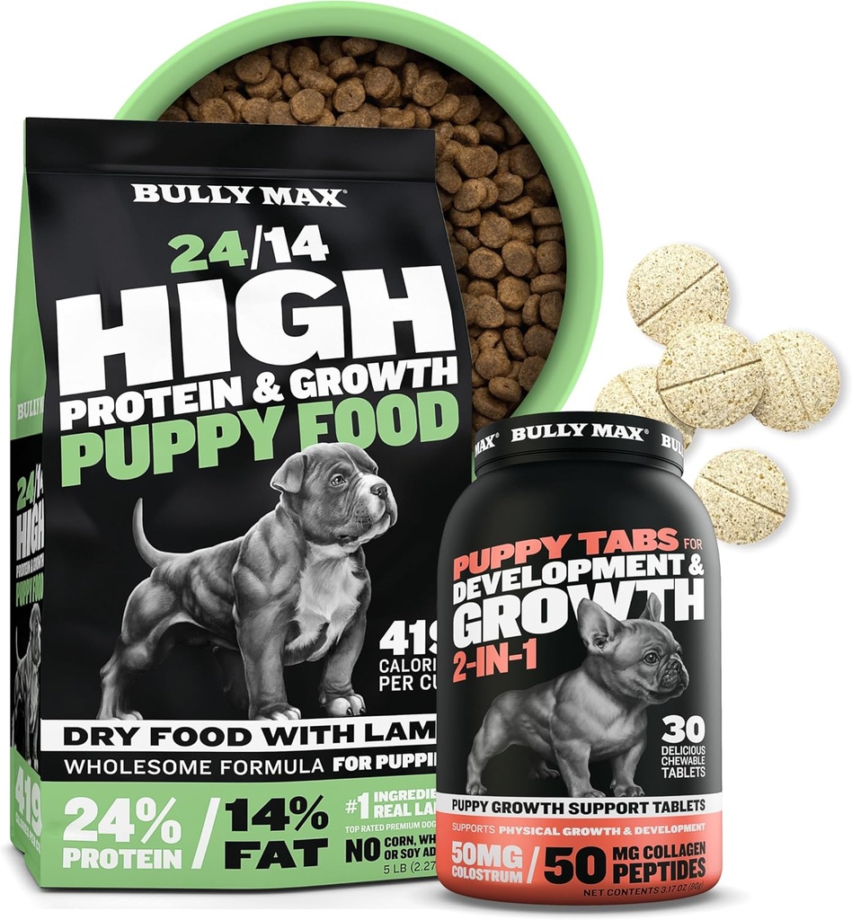 Bully Max 24 / 14 Didelis baltymų šuniukų maisto (5lbs.) ir šuniukų vitaminai (30 kramtomųjų tablečių) plėtros ir augimo kaulai - raumenys, imunitetas, kaulai ir Virškinimo parama mažų ir didelių veislių šuniukų