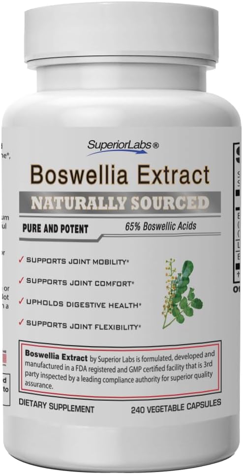 Superior Labs Boswellia Serrata Extract 500mg – 65% Boswellic Acids, Pure Non-GMO, Zero Fillers, Indian Frankincense, Supports Healthy Inflammatory Response & Joint Comfort – 240 Veg Caps