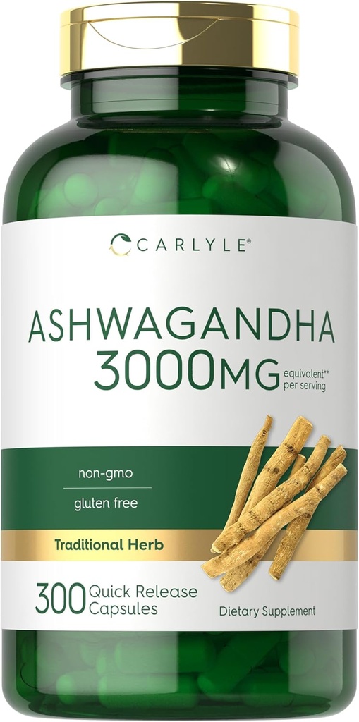 Carlyle Ashwagandha Priedas skirtas moterims ir vyrams (124; 3000mg) 124; 300 Capsules Bendrijoje (124; žolių šaknų ekstraktas su juodaisiais pipirais)