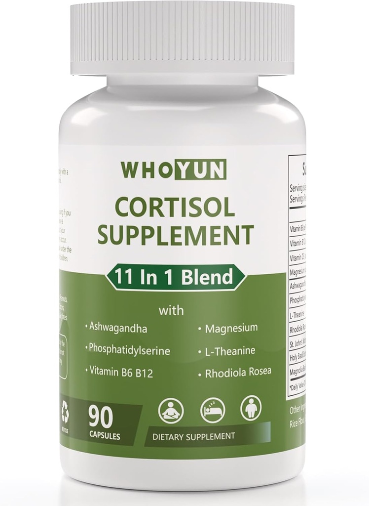 Cortisol Priedas moterims, 11 iš 1 Žemutinis Cortisol Blend su Ashwagandha, Fosfatidilserinas, Magnis, L-Theanine, Vegan, 90 Capsules