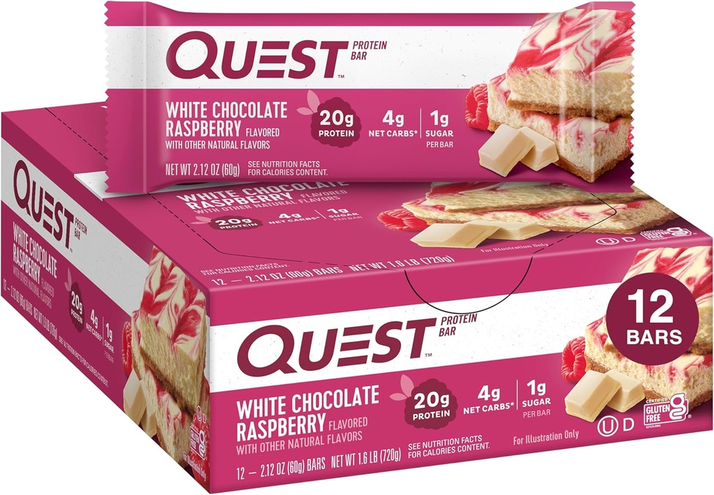 Quest Nutrition - Didelis baltymų kiekis, Mažas karbas, Gluten Free, Keto Friendly, 12 Count Baltas Šokoladas Aviečių