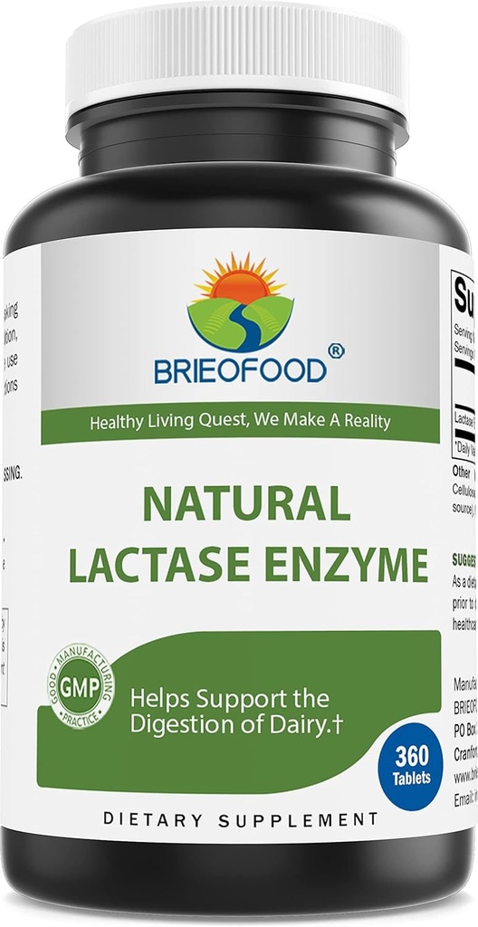 Brieofood Lactase Enzyme pyls - 3000 FCC ALU - 360 Tablets - 360 Servings - Ne GMO, Gluten Free