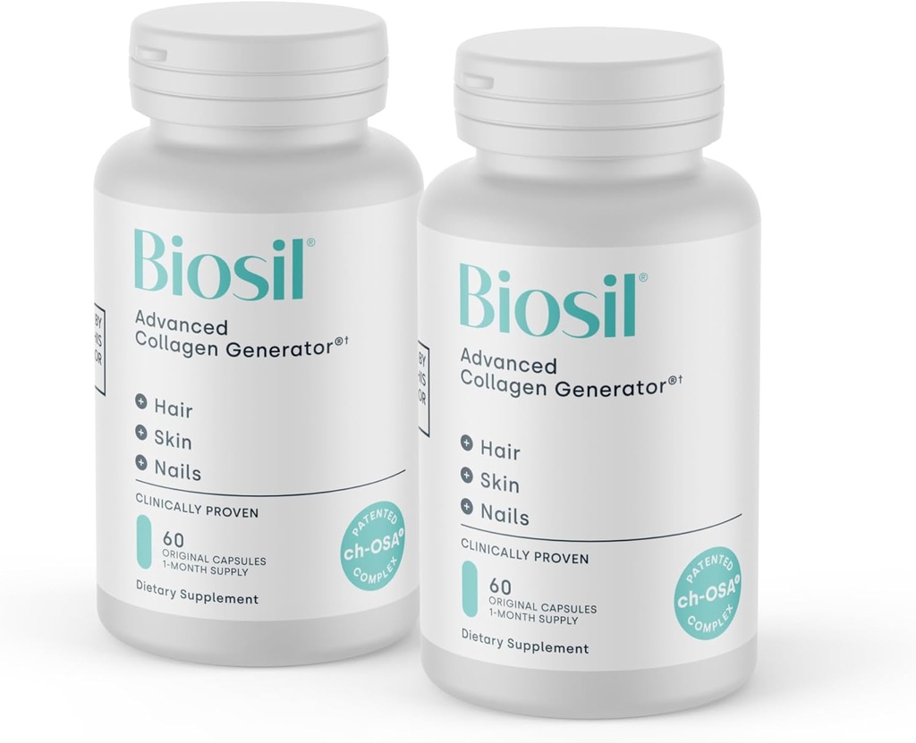 Biosil Collagen Booster papildas - 60 Originalios kapsulės, pakuotė 2 - Patentuota ch- OSA aktyvatorius odai, plaukams, nagų ir sąnarių - Palaiko natūralią gamybą - 60 dienų tiekimo