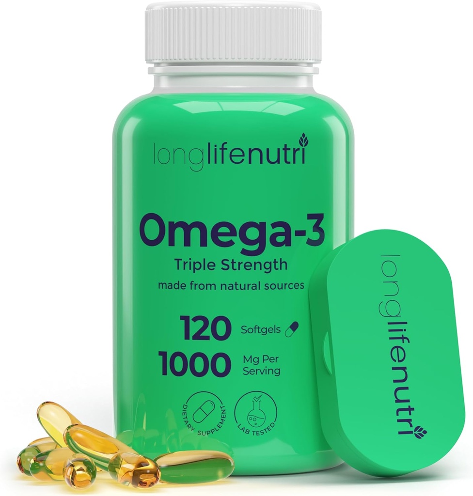 Omega 3 žuvų taukai 1000mg - su High EPA & DHA, 120 Softgels, riebalų rūgščių priedas kognityvinės funkcijos, iš lašišos, 4-mėnesių tiekimo, GMP Sertifikuotas, Pagaminta JAV