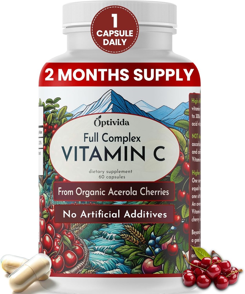 OPTIVIDA Plant Natural Acerola Cherry Vitaminas C Capsules ® 124; 60 Grafas ® 124; Organinis vitaminas C ® 124; Ne askorbo rūgštis Vegano priedas, skirtas imuninei paramai, sveikai odai ir jungtims