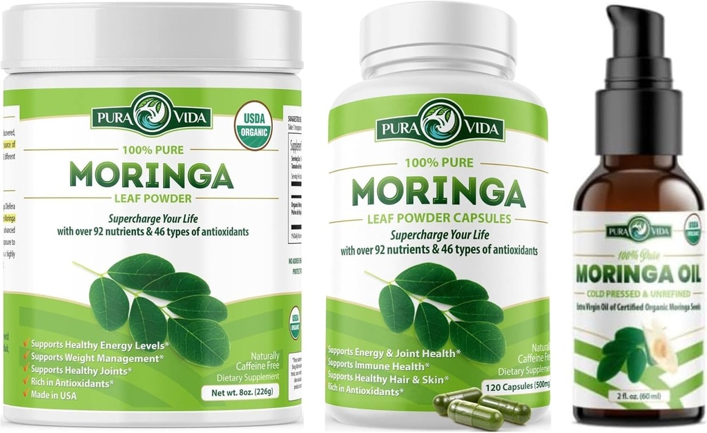 PURA VIDA MORINGA Powder 8 oz Capsules (120 Count) and Organic Moringa Oil (2fl oz)
