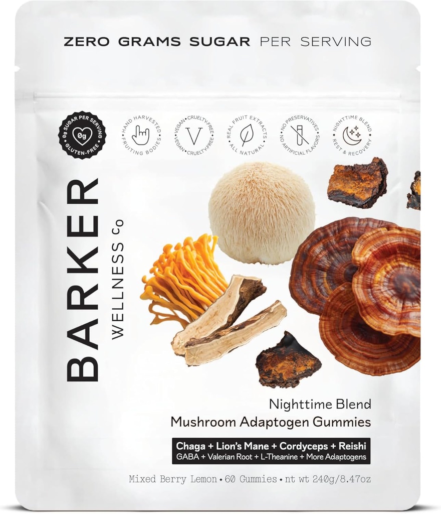 Barker Wellness Naktinis Grybų Adaptogen Gummies - Vegan, Sugarinis Nemokamas Funkcinis Grybų Gummies su Reishi, Liono Mane, Chaga, Cordyceps & Adaptogen - Non- GMO, 60 Count