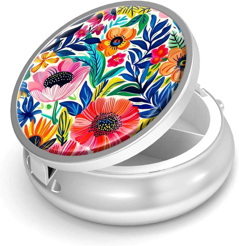 Krepšys Box3 Comunity Small Pill Case for Purse & Pocket Mini Metal Pill Holder Travel Pill Container to Hold Supplements Vitaminai BPA- Free (Sodo gėlės)