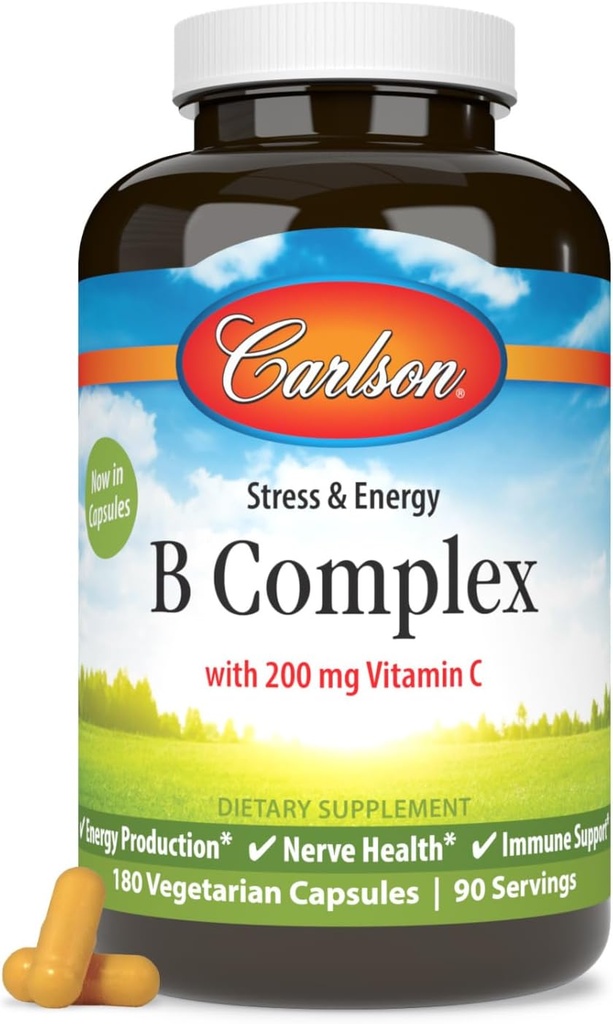 Carlson - B kompleksas Subalansuoti B vitaminai su vitaminu C - Stresas, Energija & Imuninis vitamino B kompleksas moterims ir vyrams - 180 Vegetariškų kapsulių
