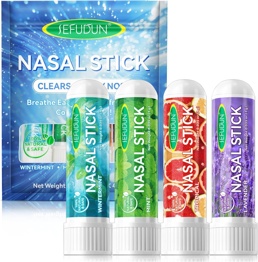 4PCS Nasal Stick, Nasal Inhaler Stick, Inhaler Nasal Stick Sinus Relief & Vertigo Relief, Aromaterapy Inhaler Pagaminta su eteriniais aliejais + mentolis (mėtinės, Tropical, Levender)