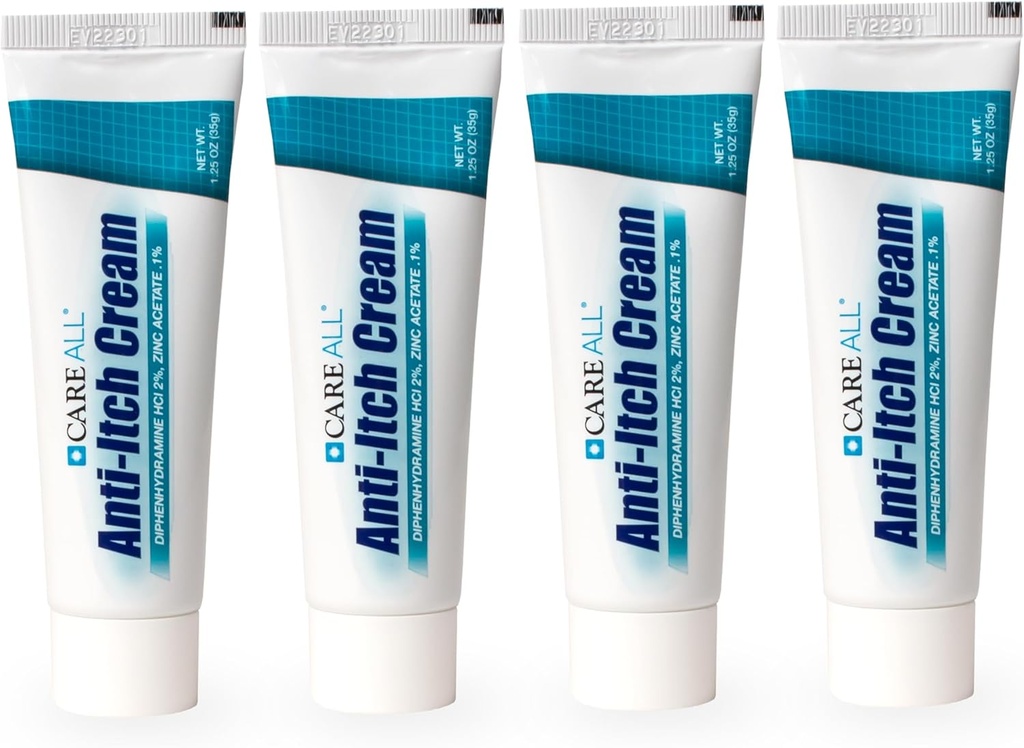 CareAll anti- Itch Cream 1,25oz (4 pakuotė) Histamino blokavimas, difenhidramino HCI 2% Aktualus analgezic & Cinko acetato 0,1% odos apsaugos medžiaga laikinam skausmui ir niežuliui Atkrytis nuo bendro lauko niežulys