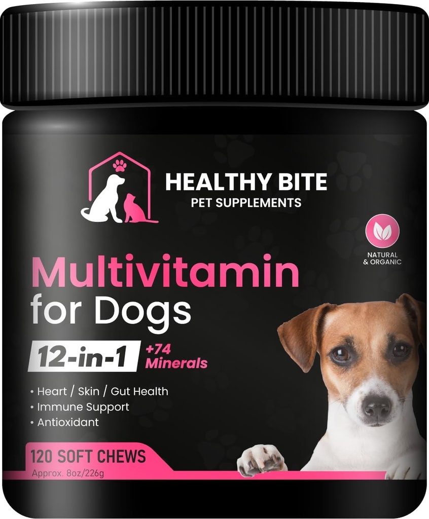 Healthy Bite 12 in 1 Multivitamin for Dogs - Skin and Coat Supplement, Immune Support, Pet Vitamins, Calcium for Dogs Made in USA - 120 Count