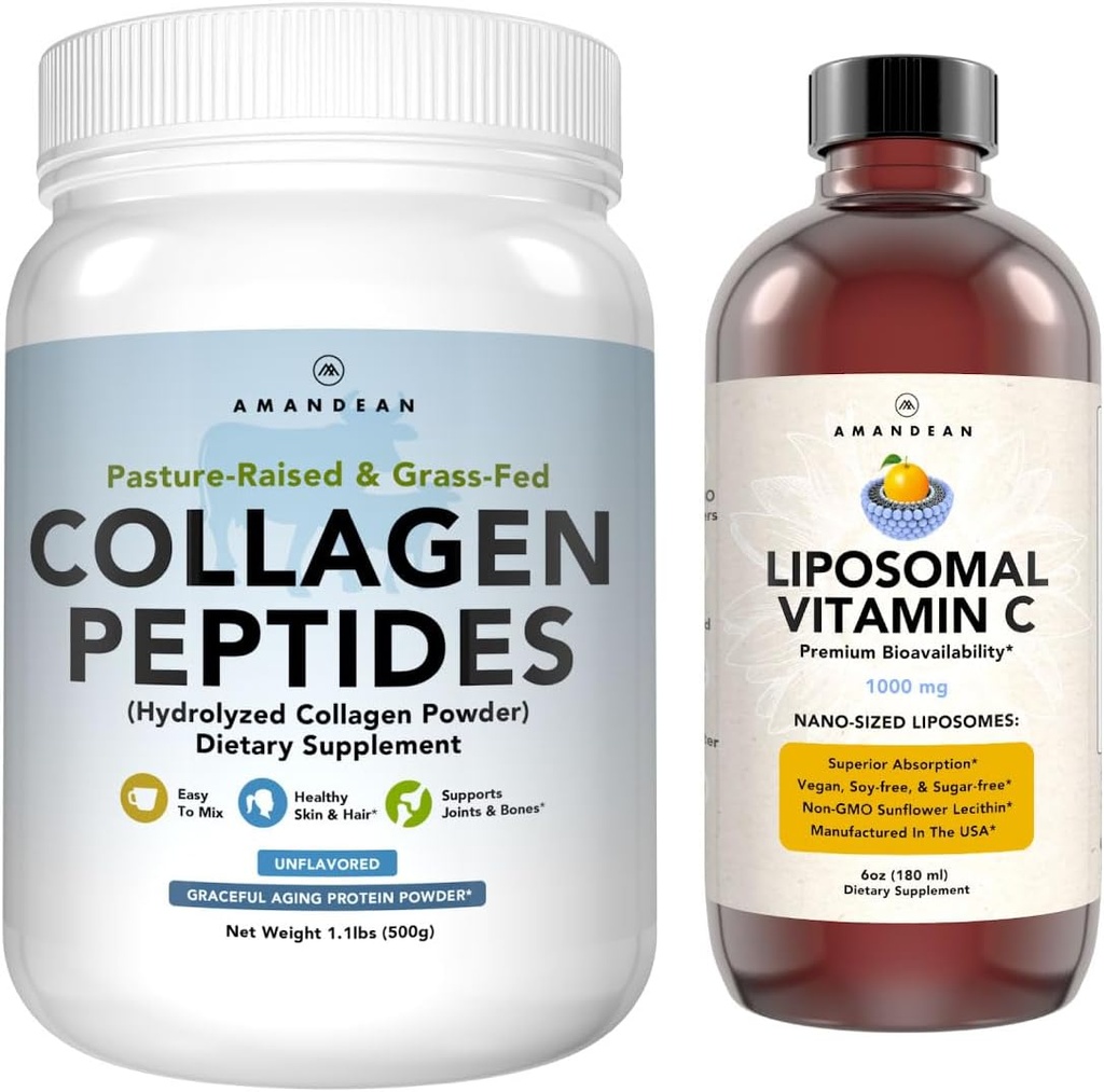 AMANDEAN Premium Liposominis vitaminas C ir galvijų kolagenas Peptides Bundle. Galingas antioksidantas. Skystas Quali- C. Grass- Fed kolagenas. Hidrolizuotas tipas 1 ir 3. Imuninė parama. Sveika oda, plaukai ir nagai
