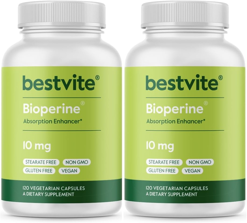 Bioperine 10 mg (240 vegetariškų kapsulių) (120 x 2) - No Stearates - Vegan - Non GMO - Gluten Free - Absorbcijos sustiprintojas