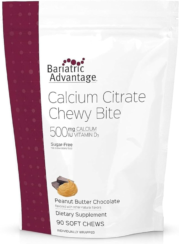 Bariatric Advantage Calcitrate Chewy Bites 500 mg - Highly Absorbable & Digesable - Vitaminas D3 - Lengvai kramtomas kalcio priedas - Žemės riešutų sviestas Šokoladas - 90 Count