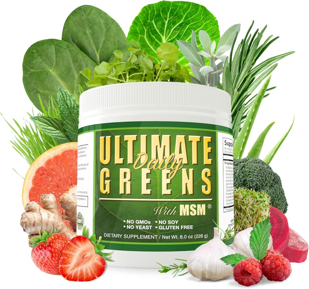 Daily Health, Ultimate Žalieji su MSM miltelių, Vegan Friendly natūralių ingredientų Gluten Soy Free NO GMO Superfood daržovių maistiniai gėrimai šarminės energijos 8Oz 1 pakuotė (1 mėnuo tiekimas)