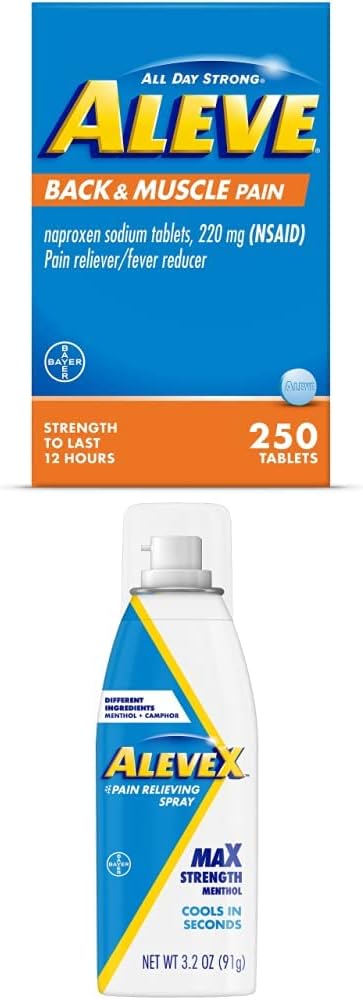 Aleve nugaros ir raumenų su Naproxen, 250 Count & AleveX skausmo malšinimo purkštuvas, 3.2 Ounce, Skausmo malšinimo