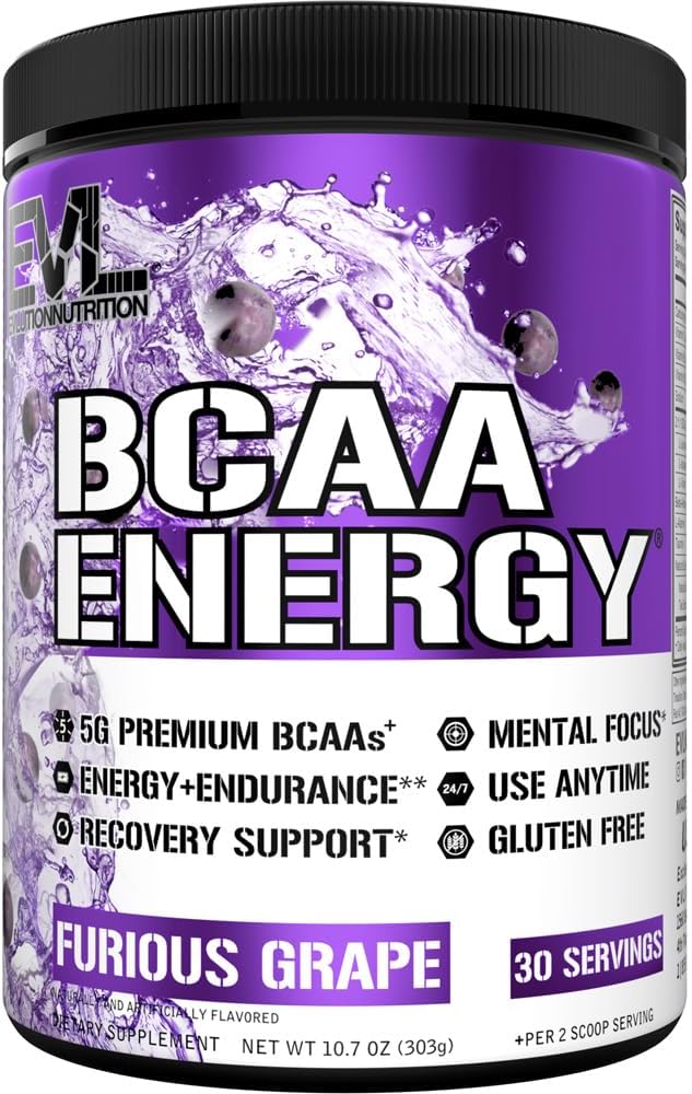 EVL BCAAs Amino Acids Powder - BCAA Energy Pre Workout Powder for Muscle Recovery Lean Growth and Endurance - Rehydrating Post Workout Recovery Drink with Natural Caffeine - Furious Grape