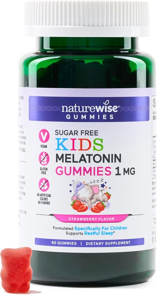 NatureWise Kids Melatonin 1 mg Sugar-Free Gummies for Children Ages 4 & Up - Non-Habit Forming Sleep Aid - Strawberry Flavored - Vegan, No Gluten, Non-GMO - 60 Count[2-Month Supply]