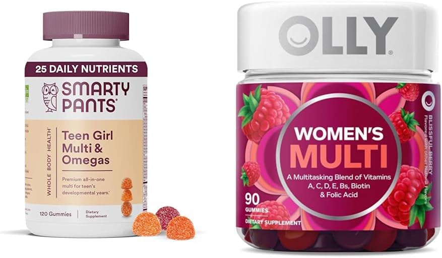 SmartyPants Teen Girl Multivitamin Gummies with Omega 3 Fish Oil, Vitamins D3, C, B12, B6, A, K, Zinc & OLLY Women's Multivitamin Gummy with Vitamins A, D, C, E, Biotin, Folic Acid, Berry Flavor