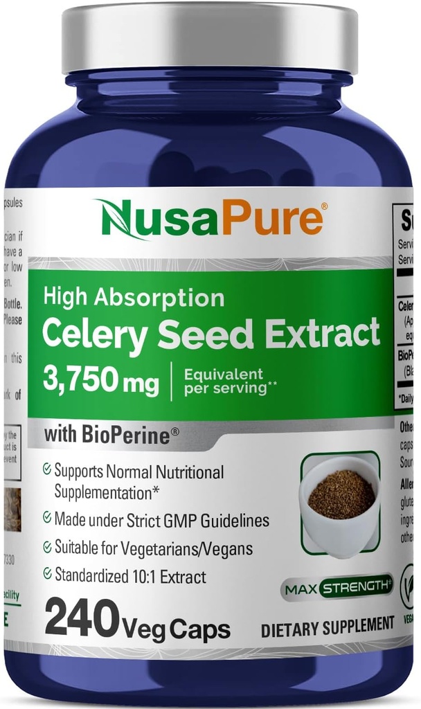 NusaPure Celery Seed Capsules 10:1 Extract, 375 mg Equivalent to 3750mg, 240 Veggie Caps, Non-GMO, Vegan