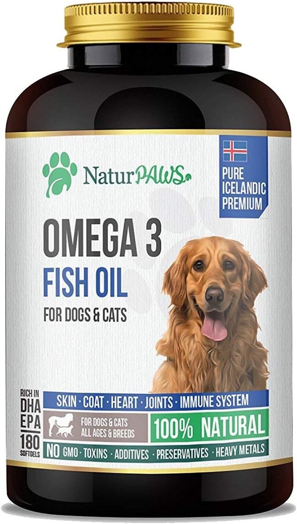 Omega 3 žuvų taukų papildas šunims ir katėms - 1000 mg Pure DHA ir EPA Omegas - Palaiko sveiką kutą ir odą, širdį, imuninę sistemą, jungtis ir hip - 180 softgels