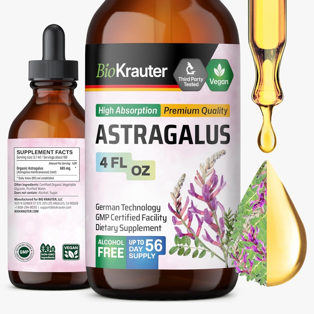 BIO KRAUTER Astragalus Tincture - Astragalus šaknų ekstraktas imuninei paramai - Alkoholio ir cukraus nemokamai - High Absorption - Vegan lašai 4 Fl.Oz.