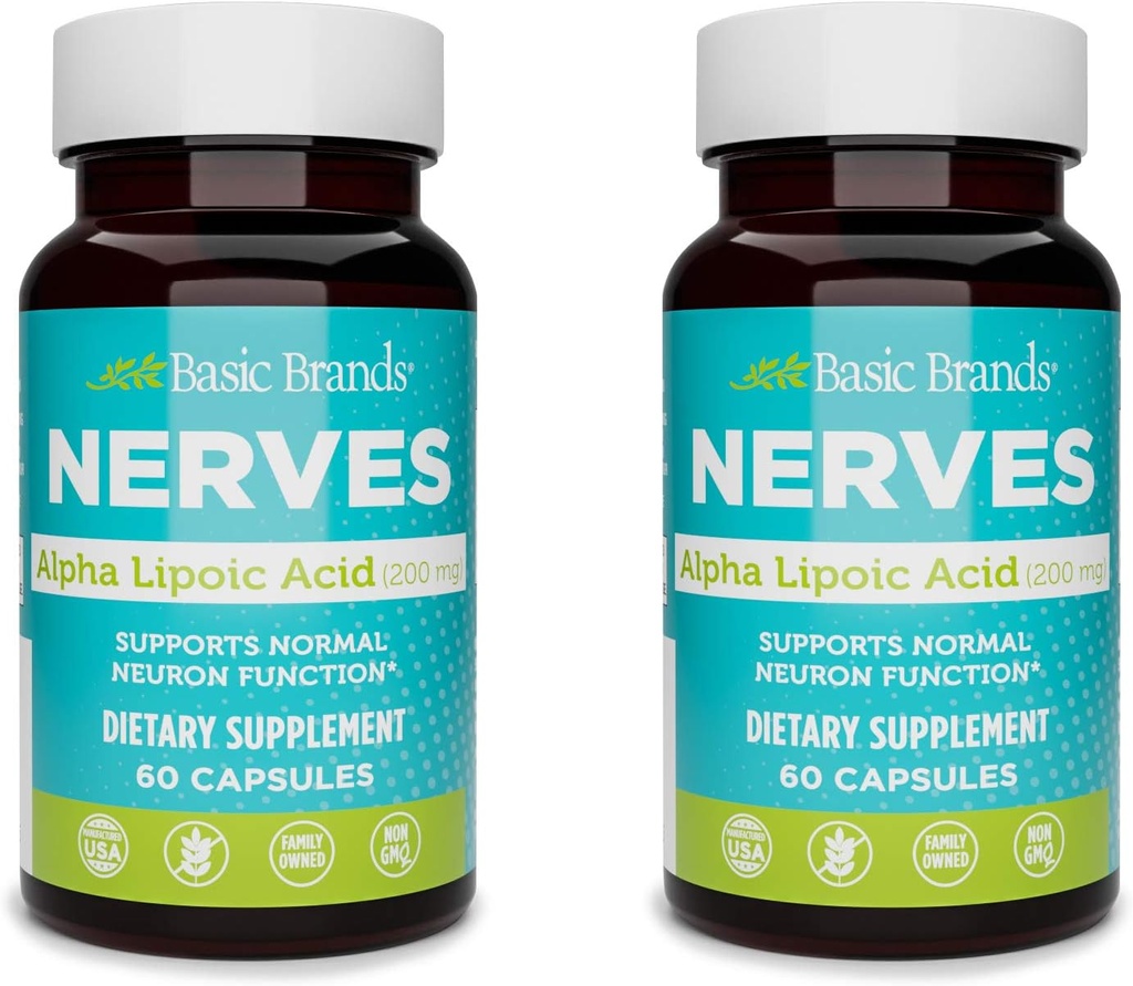 Baziniai prekiniai ženklai Alfa Lipoic Acid 200mg - Stiprus antioksidantas ALA papildas sveikai nervų funkcijai ir metabolizmui - 60 kapsulių - 2 - pakuotė