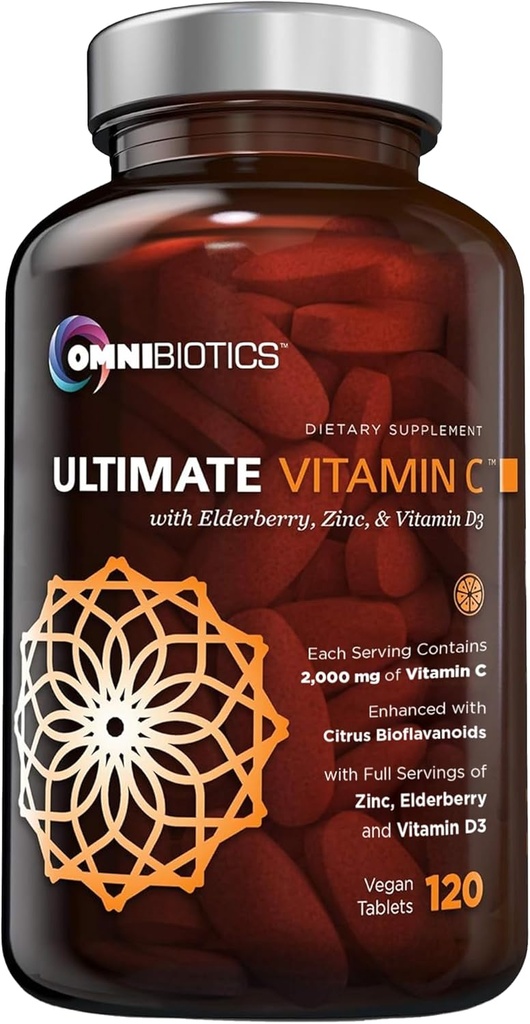 OmniBiotics Ultimate Vitaminas C Papildoma 2000mg - su cinko, Elderberry ekstraktas, ir D3 - Didelis stiprumas Imunitetas & Collagen Booster - 120 Vegan tabletės